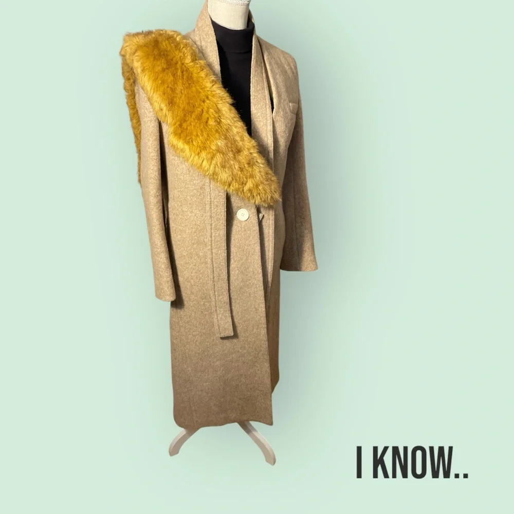 Helmut Lang Tan Trench Coat with Gold Fur Collar - Picture 5 of 16